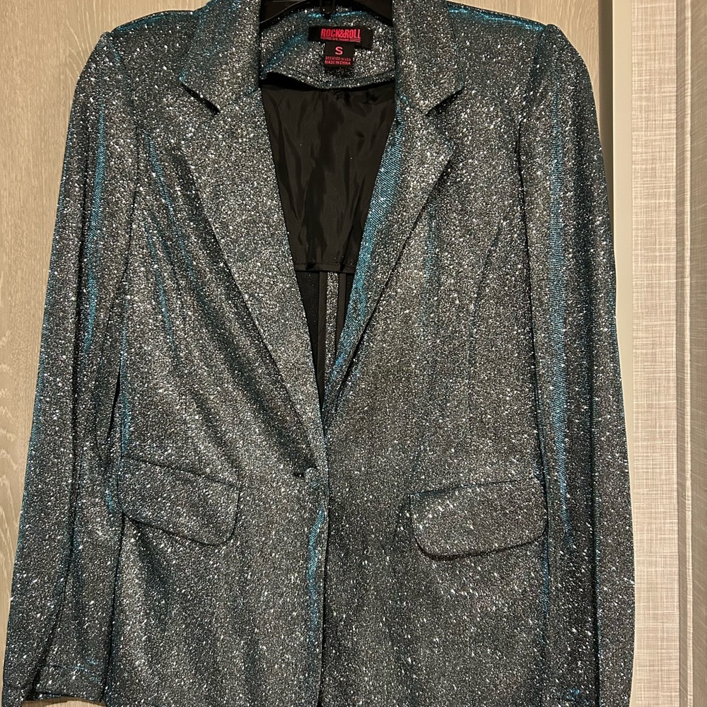 Rock & Roll Denim Glitter Western Blazer Silver and Blue